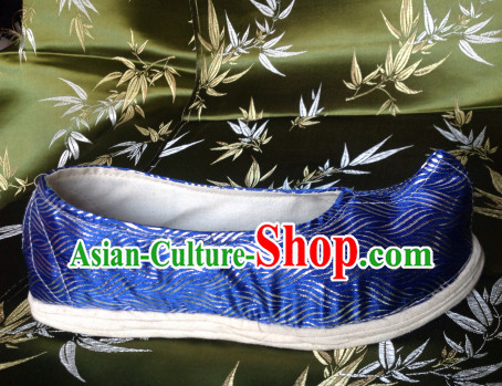 Blue Chinese Ancient Handmade Traditional Bow Fabric Shoes for Women and Girls