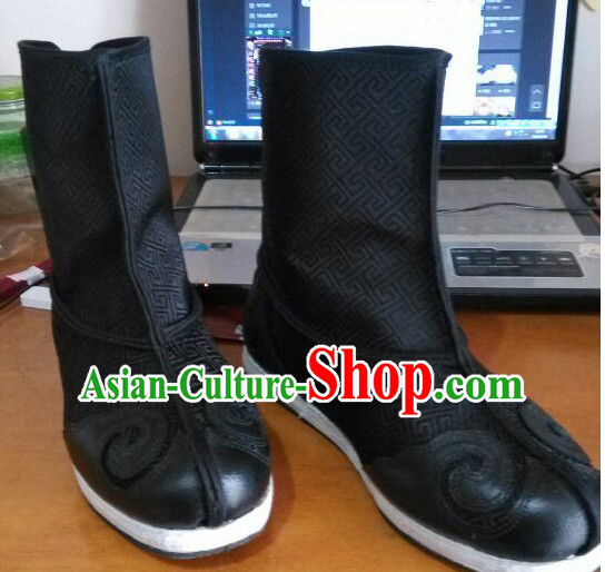 Ancient Chinese Handmade Auspicious Cloud Long Black Boots for Men