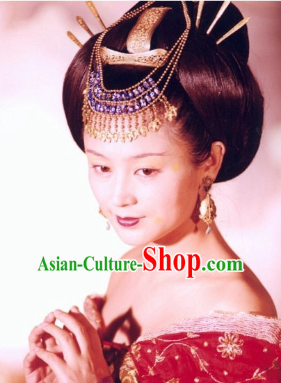 the Tang Dynasty Hairstyles Palace Tai Ping Princess Black Long Wigs and Hair Accessories for Women