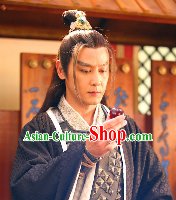 Ancient Chinese Fashion Noblemen Black Long Wigs and Hair Accessory for Men or Boys