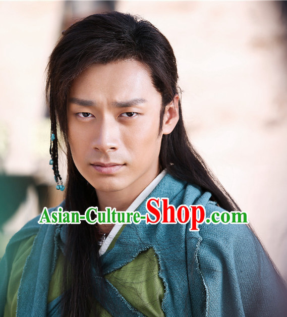 Ancient Chinese Fashion Kung Fu Master Knight Black Long Wigs and Hair Accessory for Men or Boys