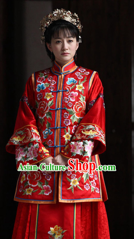 Mandarin Chinese Style Authentic Wedding Clothes Culture Costume Minguo Dresses Traditional National Dress Clothing and Headwear Complete Set for Women Girls