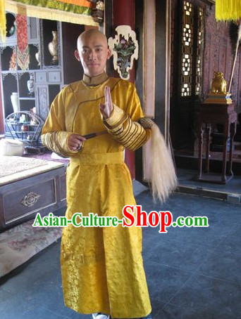 Qing Chinese Style Authentic Emperor Clothes Culture Costume Han Dresses Traditional National Dress Clothing and Headwear Complete Set for Men Boys