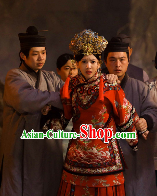 Wuxin The Monster Killer Drama Qing Dynasty Chinese Wedding Dress Authentic Clothes Culture Costume Dresses Traditional National Dress Clothing and Headwear Complete Set