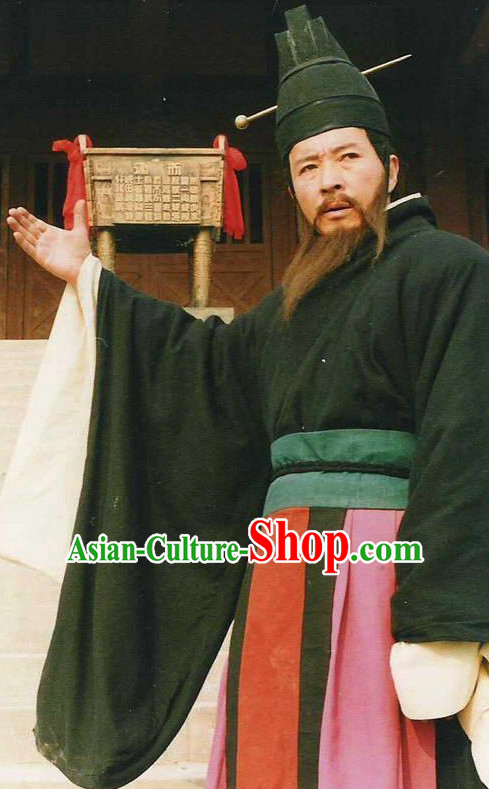 Ancient Chinese Style Minister Long Robe Dress Authentic Chancellor Clothes Culture Costume Han Dresses Traditional National Dress Clothing and Headwear Complete Set for Men