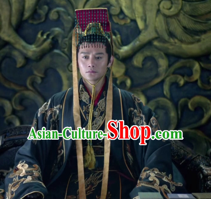 Ancient Chinese Style Emperor Costume Dress Authentic Clothes Culture Han Dresses Traditional National Dress Clothing and Headdress Complete Set