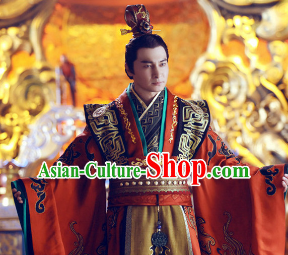 Ancient Chinese Style Emperor Costumes Dress Authentic Clothes Culture Han Dresses Traditional National Dress Clothing and Headdress Complete Set