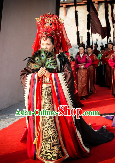 Ancient Chinese Brides Wedding Dress Authentic Clothes Culture Han Dresses Traditional National Dress Clothing and Headpieces Complete Set