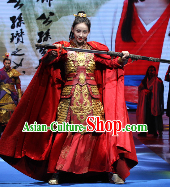 Ancient Chinese Style Superheroine Armor Costumes Dress Authentic Clothes Culture Han Dresses Traditional National Dress Clothing and Headpieces Complete Set