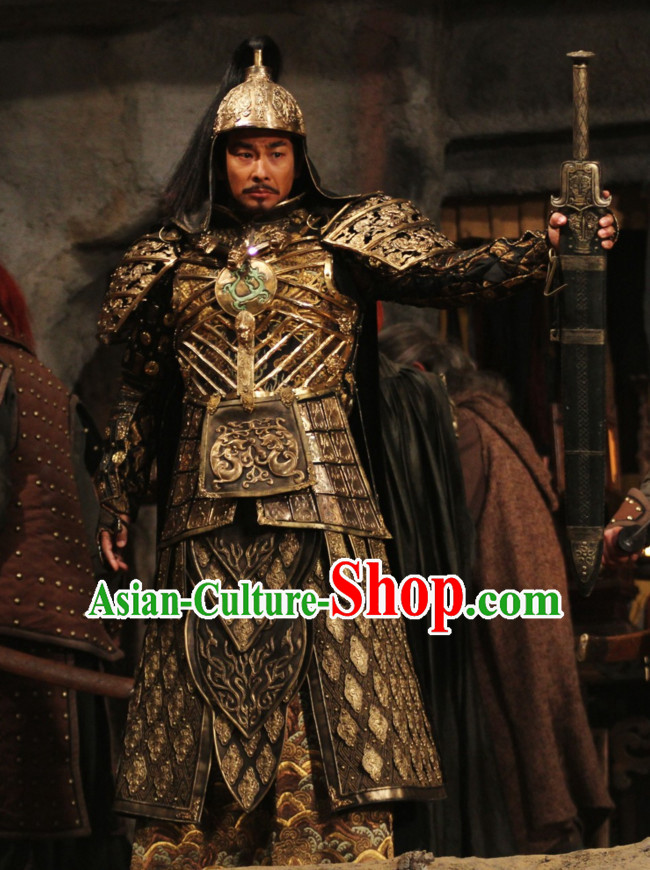 Ancient Chinese Style General Body Armor Costumes Dress Authentic Clothes Culture Traditional National Clothing and Headpieces Complete Set for Men