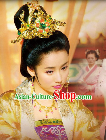 Ancient Chinese Style Palace Princess Black Long Wigs and Headdress Set