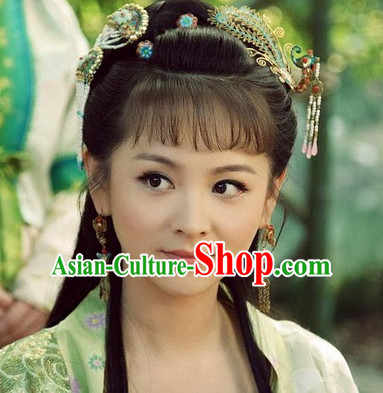 Ancient Chinese Style Lady Black Long Wigs and Headwear Set