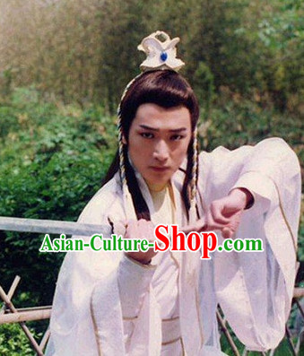 Ancient Chinese Style White Male Long Black Wigs and Coronet Set for Young Men