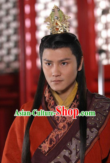 Traditional Chinese Style Prince Long Black Wig and Handmade Coronet for Men