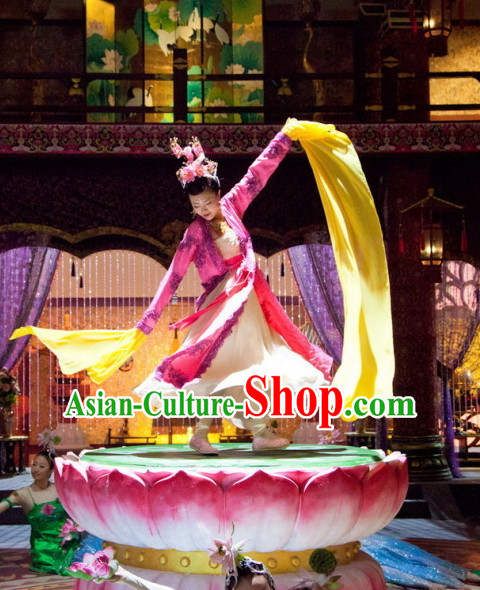 Long Sleeves Traditional Chinese Style Palace Dancer Costume and Hair Jewelry Complete Set for Women