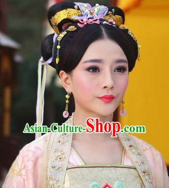 Traditional Ancient Chinese Style Imperial Palace Royal Princess Queen Empress Black Full Wigs and Headpieces Hair Jewelry Set for Women and Girls