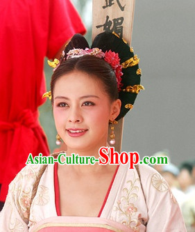 Traditional Ancient Chinese Style Imperial Palace Royal Princess Queen Empress Black Full Wigs and Headpieces Hair Jewelry Set for Women and Girls