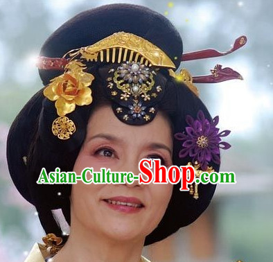 Traditional Ancient Chinese Style Imperial Palace Royal Princess Queen Empress Black Full Wigs and Headpieces Hair Jewelry Set for Women and Girls