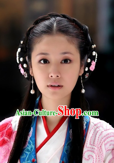 Traditional Ancient Chinese Style Lady Female Black Full Wigs and Headpieces Hair Jewelry Set for Women and Girls