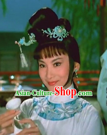 Traditional Ancient Chinese Style Lady Female Black Full Wigs and Headpieces Hair Jewelry Set for Women and Girls