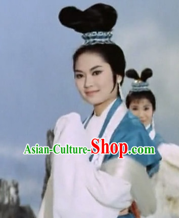 Traditional Ancient Chinese Style Lady Female Black Full Wigs and Headpieces Hair Jewelry Set for Women and Girls