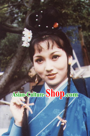 Traditional Ancient Chinese Style Lady Female Black Full Wigs and Headpieces Hair Jewelry Set for Women and Girls