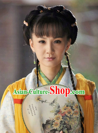 Traditional Ancient Chinese Style Lady Female Black Full Wigs and Headpieces Hair Jewelry Set for Women and Girls