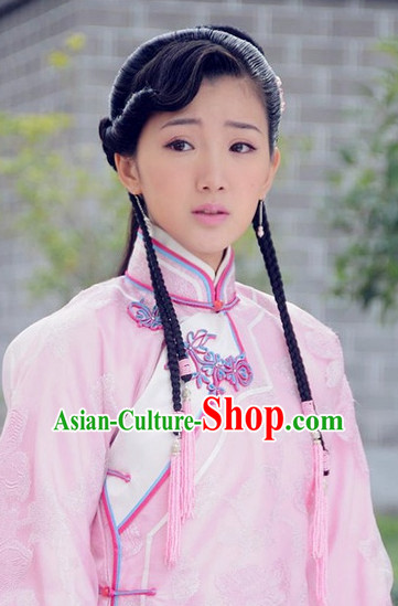 Traditional Ancient Chinese Style Lady Female Black Full Wigs and Headpieces Hair Jewelry Set for Women and Girls