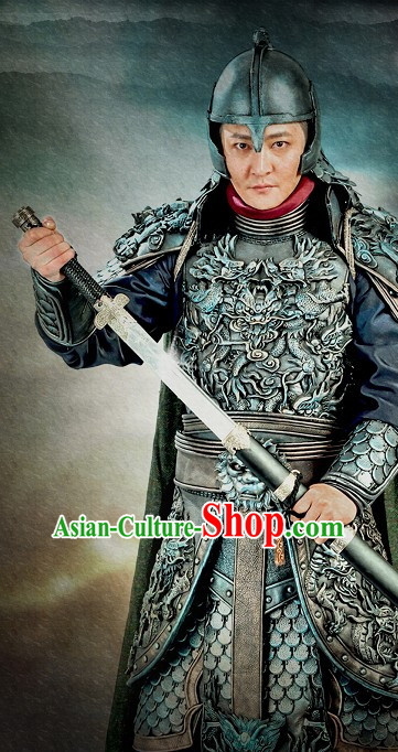 Ancient Chinese Style General Body Armor Costumes and Headwear Complete Set for Men Boys