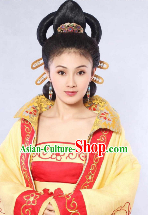 Ancient Chinese Traditional Style Queen Black Female Full Wigs and Hair Jewelry Set