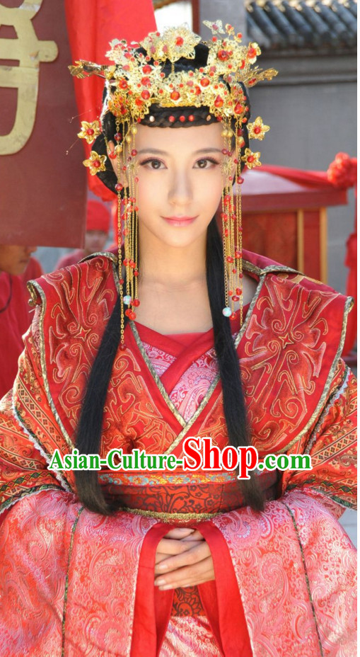 Traditional Chinese Ancient Lady Wedding Garment and Hairpieces Complete Set for Women