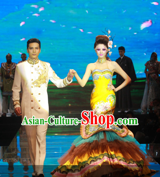 Asian Chinese Fashion Custom Tailored Custom Make Made to Order Chinese Style Fantasy Custom Made Professional Stage Performance Costumes and Hair Decoration Headwear Complete Set