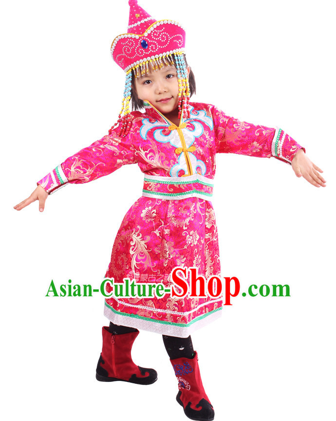 Chinese Traditional Mongolian Clothing and Hat Complete Set for Girls
