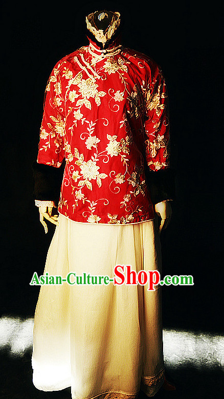 Chinese Traditional Mandarin Minguo High Collar Wedding Dresses Complete Set for Women Girls