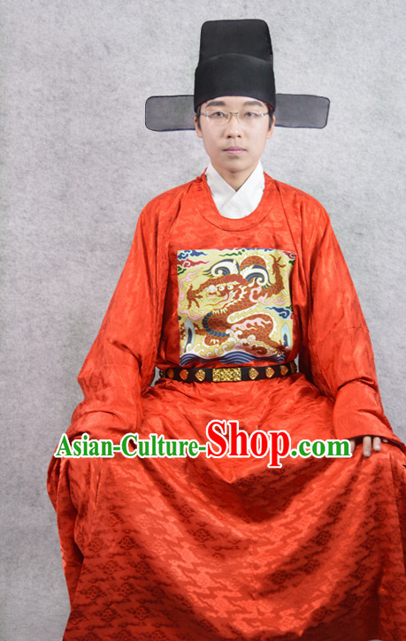 Red Chinese Official Costumes and Hat Complete Set for Men