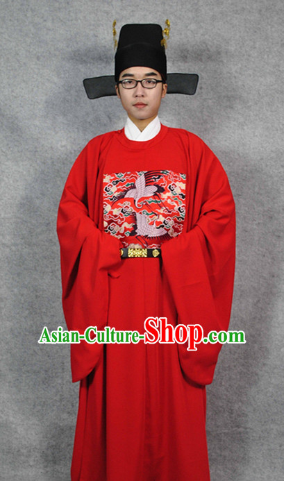 Red Chinese Official Costumes and Hat Complete Set for Men