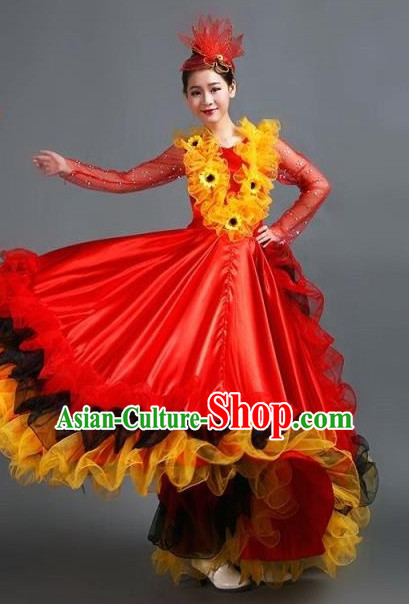 Chinese Ballroom Dance Costume and Headdress for Women Girls