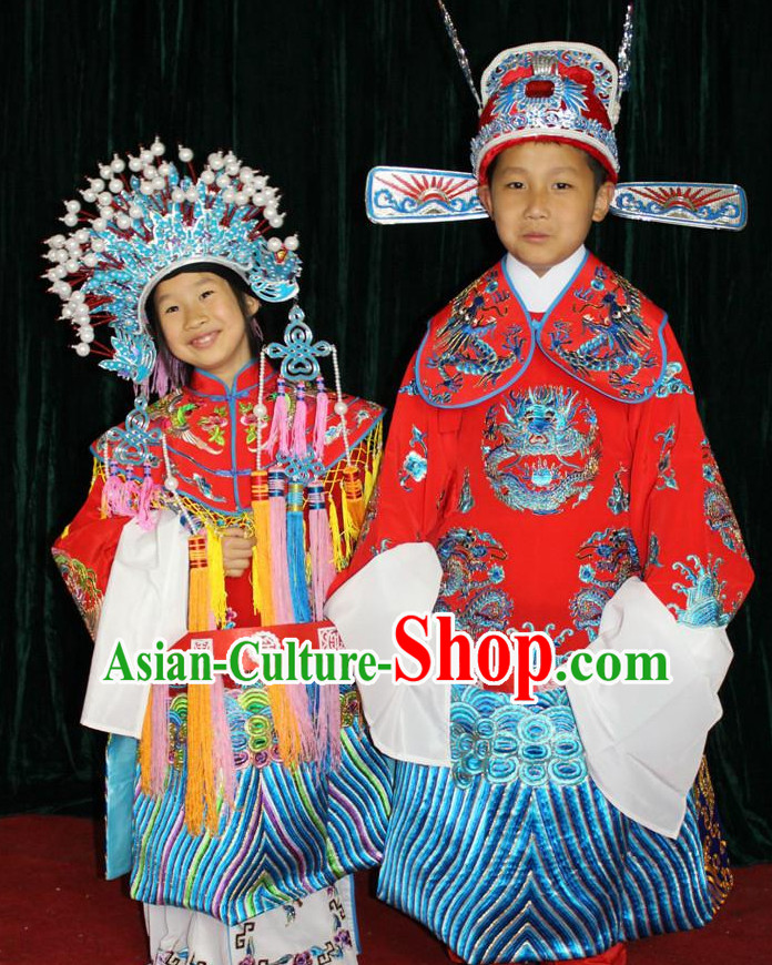 Chinese Opera Bridal Wedding Costumes and Hats 2 Complete Sets for Children Boys and Girls