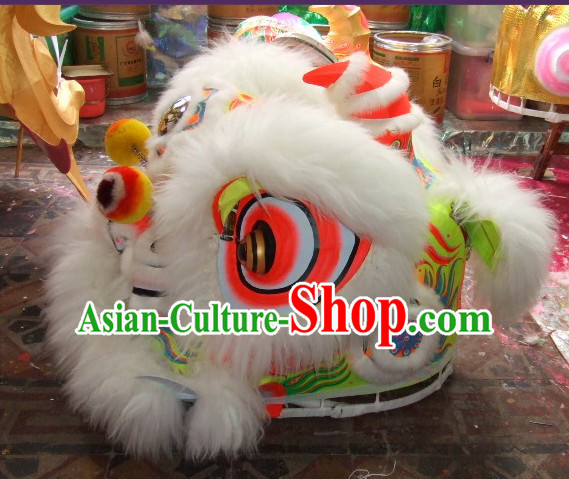 Top White 100_ Natural Long Wool Chinese Traditional Futsan Style Lion Dancing Uniform Complete Set