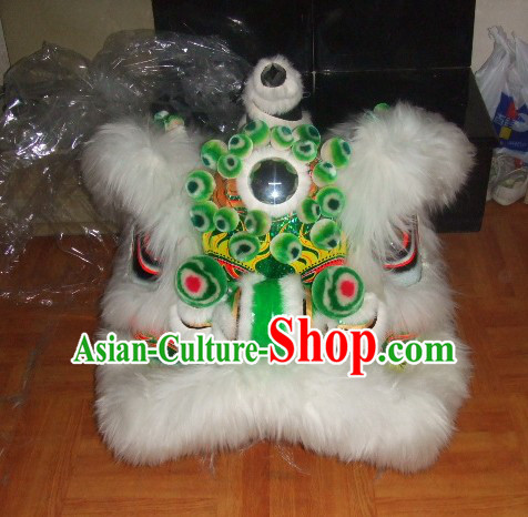 Top White More Balls 100_ Natural Long Wool Chinese Traditional Futsan Style Lion Dancing Uniforms Complete Set