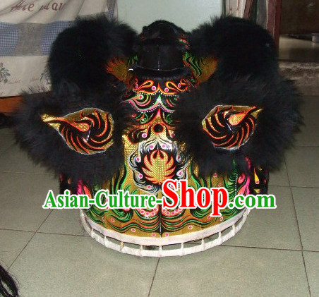 Top Black Teenagers Students Chinese Classical 100_ Natural Long Wool Fut San Lion Dance Costumes Complete Set