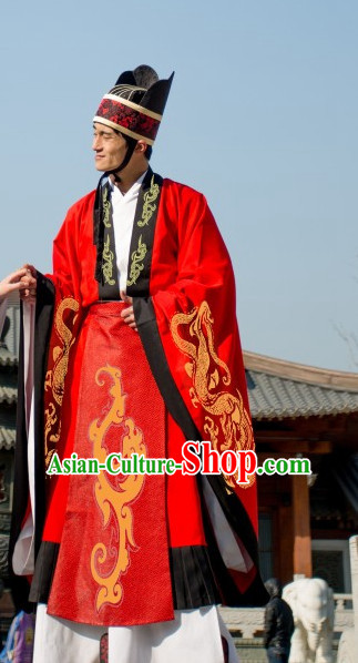 Ancient Chinese Clothing Dress Garment and Hat Complete Set for Men