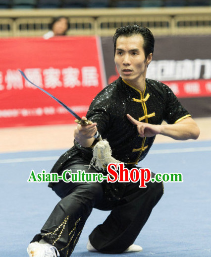 Top Black Kung Fu Competition Championship Uniforms Pants Suit Taekwondo Apparel Karate Suits Attire Robe Championship Costume Chinese Kungfu Jacket Wear Dress Uniform Clothing Taijiquan Shaolin Chi Gong Taichi Suits for Men Women Kids