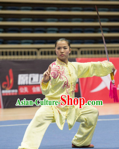 Top Yellow Kung Fu Competition Championship Uniforms Pants Suit Taekwondo Apparel Karate Suits Attire Robe Championship Costume Chinese Kungfu Jacket Wear Dress Uniform Clothing Taijiquan Shaolin Chi Gong Taichi Suits for Men Women Kids