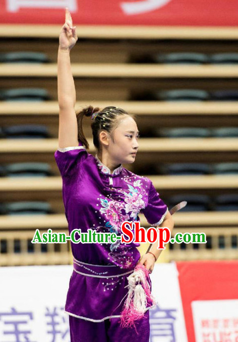 Top Purple Kung Fu Competition Championship Uniforms Pants Suit Taekwondo Apparel Karate Suits Attire Robe Championship Costume Chinese Kungfu Jacket Wear Dress Uniform Clothing Taijiquan Shaolin Chi Gong Taichi Suits for Men Women Kids