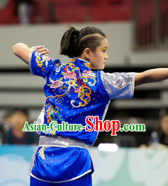 Top Blue Kung Fu Competition Championship Uniforms Pants Suit Taekwondo Apparel Karate Suits Attire Robe Championship Costume Chinese Kungfu Jacket Wear Dress Uniform Clothing Taijiquan Shaolin Chi Gong Taichi Suits for Men Women Kids