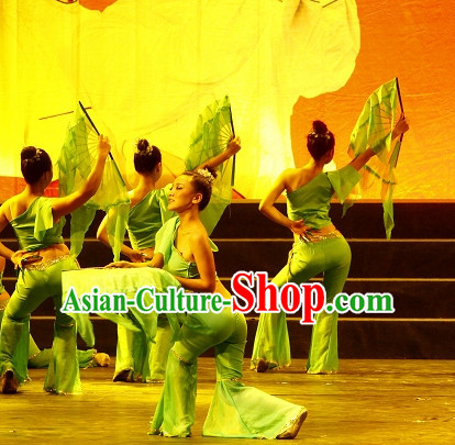 Chinese Green Leaf One Shoulder Dancewear Costumes Dancer Costumes Girls Dance Costumes Chinese Dance Clothes Traditional Chinese Clothes