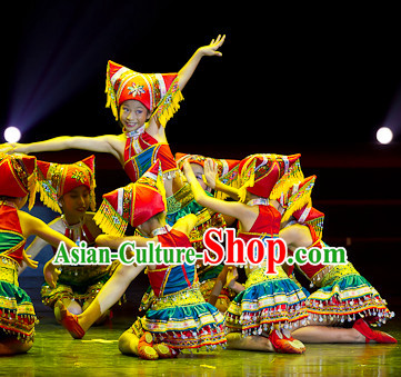 Chinese Traditional Ethnic Zhuang Dance Dress Dancewear Costumes Dancer Costumes Dance Costumes Chinese Dance Clothes Traditional Chinese Clothes Complete Set for Kids