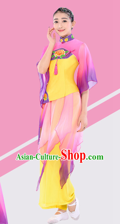 Chinese Traditional Stage Fan Dance Dancewear Costumes Dancer Costumes Dance Costumes Clothes and Headdress Complete Set for Women Children