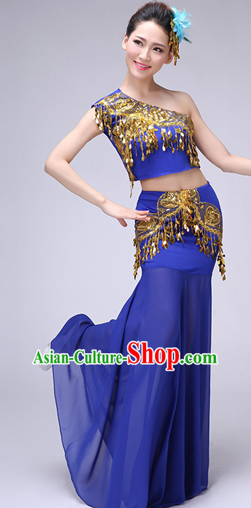 Blue Chinese Traditional Stage Dai Minority Ethnic Dance Dancewear Costumes Dancer Costumes Dance Costumes Clothes and Headdress Complete Set for Women